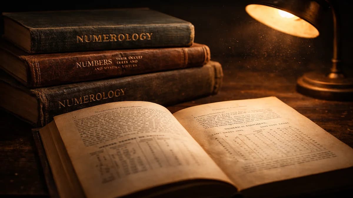 Libros antiguos de numerología apilados junto a un volumen abierto bajo la luz de una lámpara de escritorio de latón